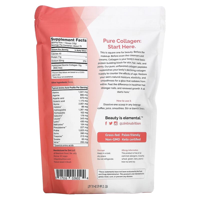 Zint Collagen - Hydrolyzed Collagen Types I & III (Grass Fed Beef) 32 oz