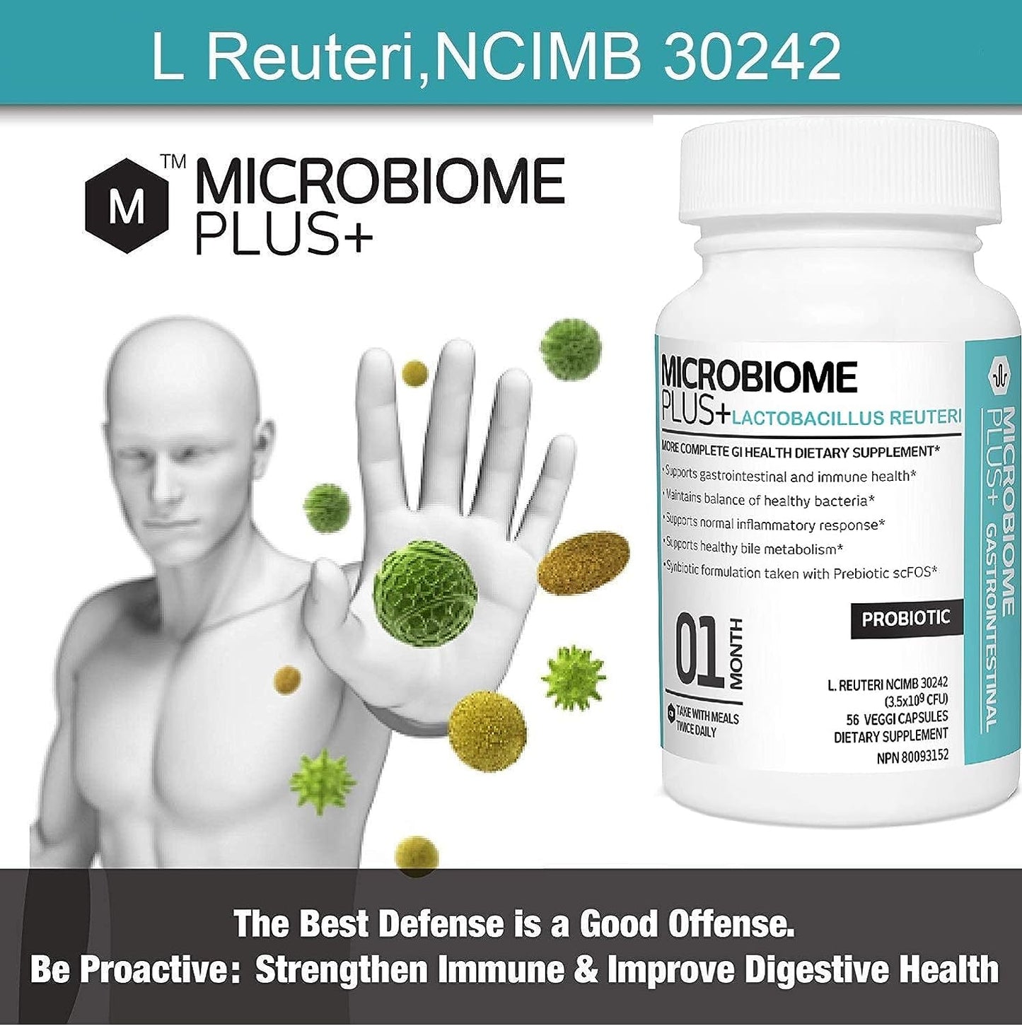 Microbiome Plus+ Gastrointestinal Combo Probioitic L. Reuteri NCIMB 30242 & Prebiotic scFOS Fiber