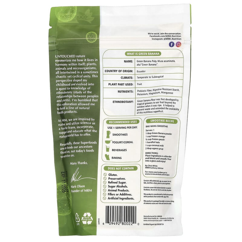 MRM Raw Organic Green Banana Powder 8.5 oz