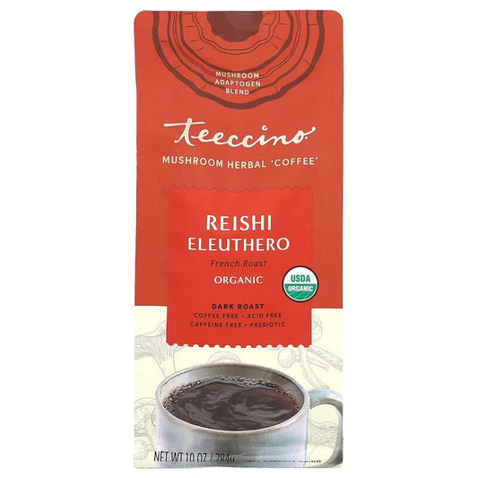 Teeccino Organic Mushroom Herbal Coffee Reishi Eleuthero French Roast 10 oz