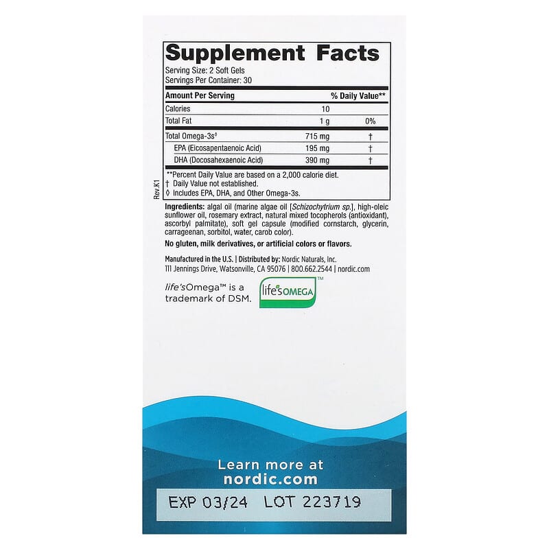 Nordic Naturals Algae Omega Plant-Based EPA & DHA  60 sgels