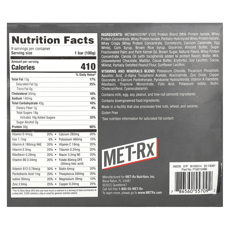 Met-Rx Big 100 Meal Replacement Bar Chocolate Chip Cookie Dough 9 bars