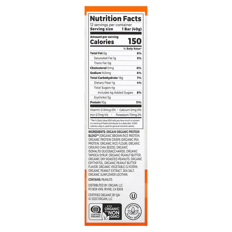 Orgain Protein Snack Bar Peanut Butter 12 bars