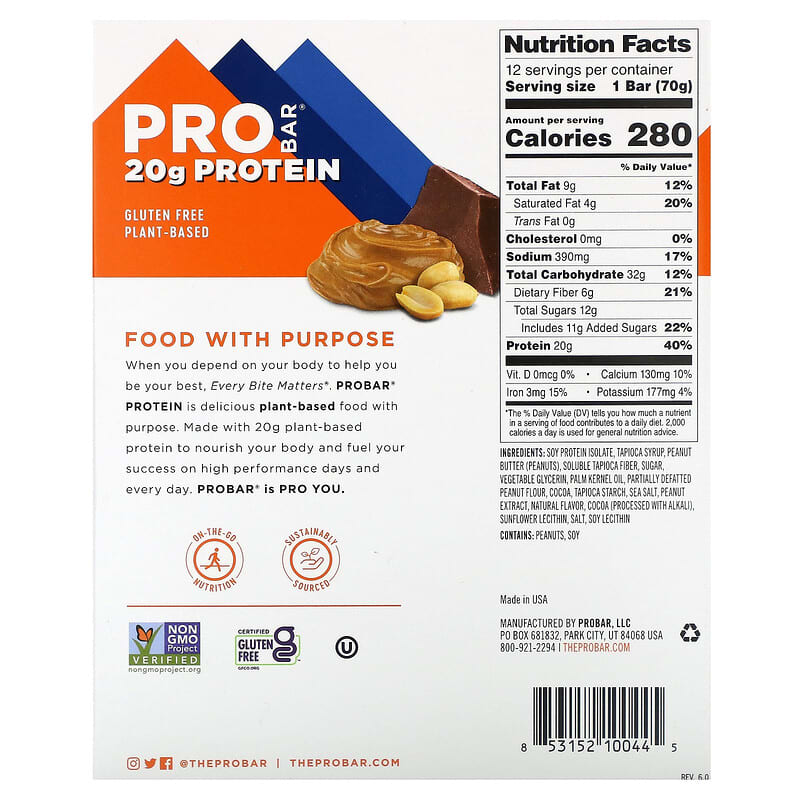 Pro Bar Protein Bar Peanut Butter Chocolate 12 bars