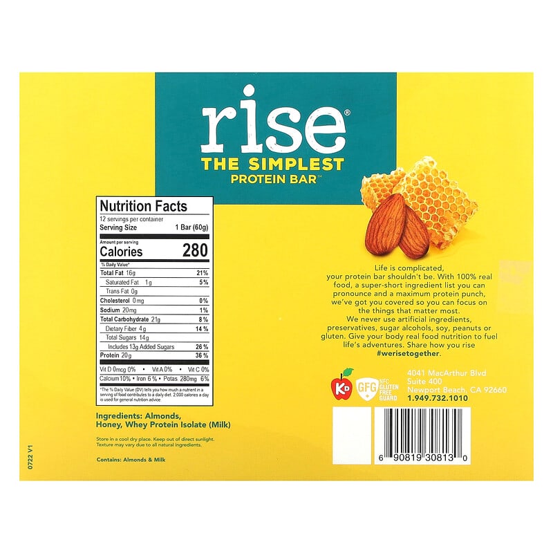 Rise Bar Rise Protein Bar Almond Honey 12 bars