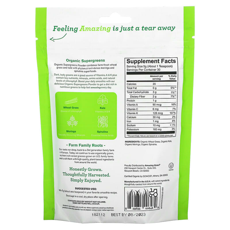 Amazing Grass Organic Supergreens Powder WheatGrass, Kale, Moringa 5.29 oz