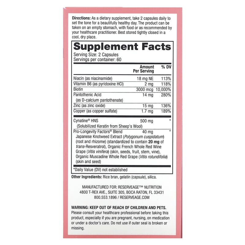 Reserveage Organics Keratin Hair Booster  120 caps