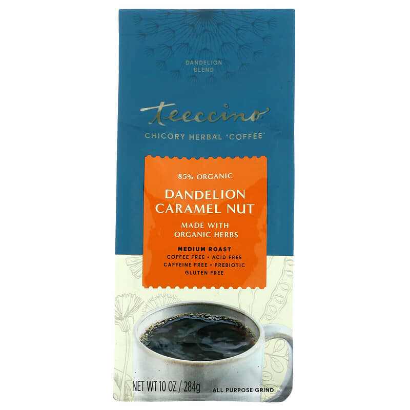 Teeccino Chicory Herbal Coffee (Gluten Free) Dandelion Caramel Nut - Medium Roast 10 oz