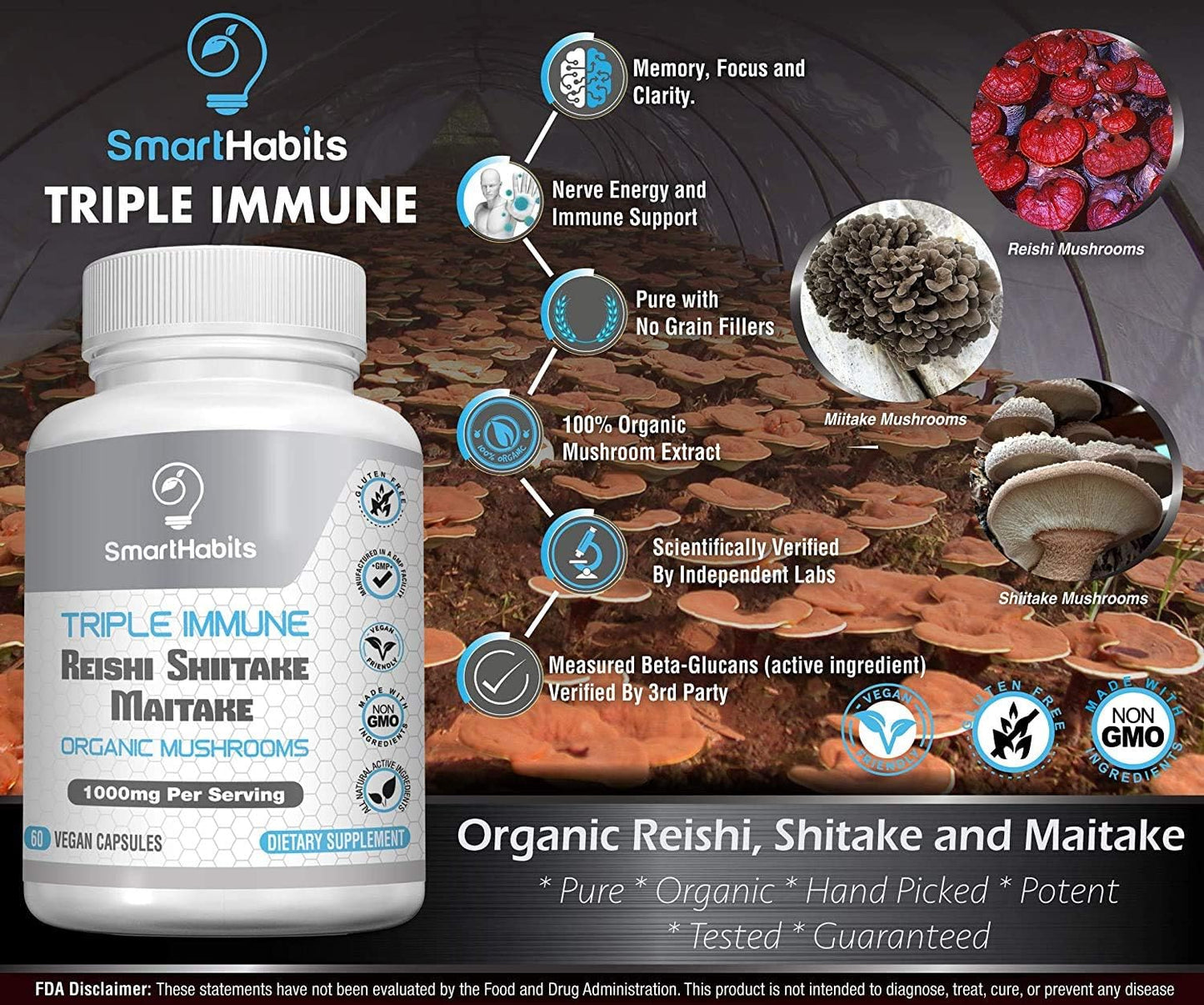 Smart Habits Triple Immune - Reishi, Shitake and Maitake (1000 mg) 60 vcaps