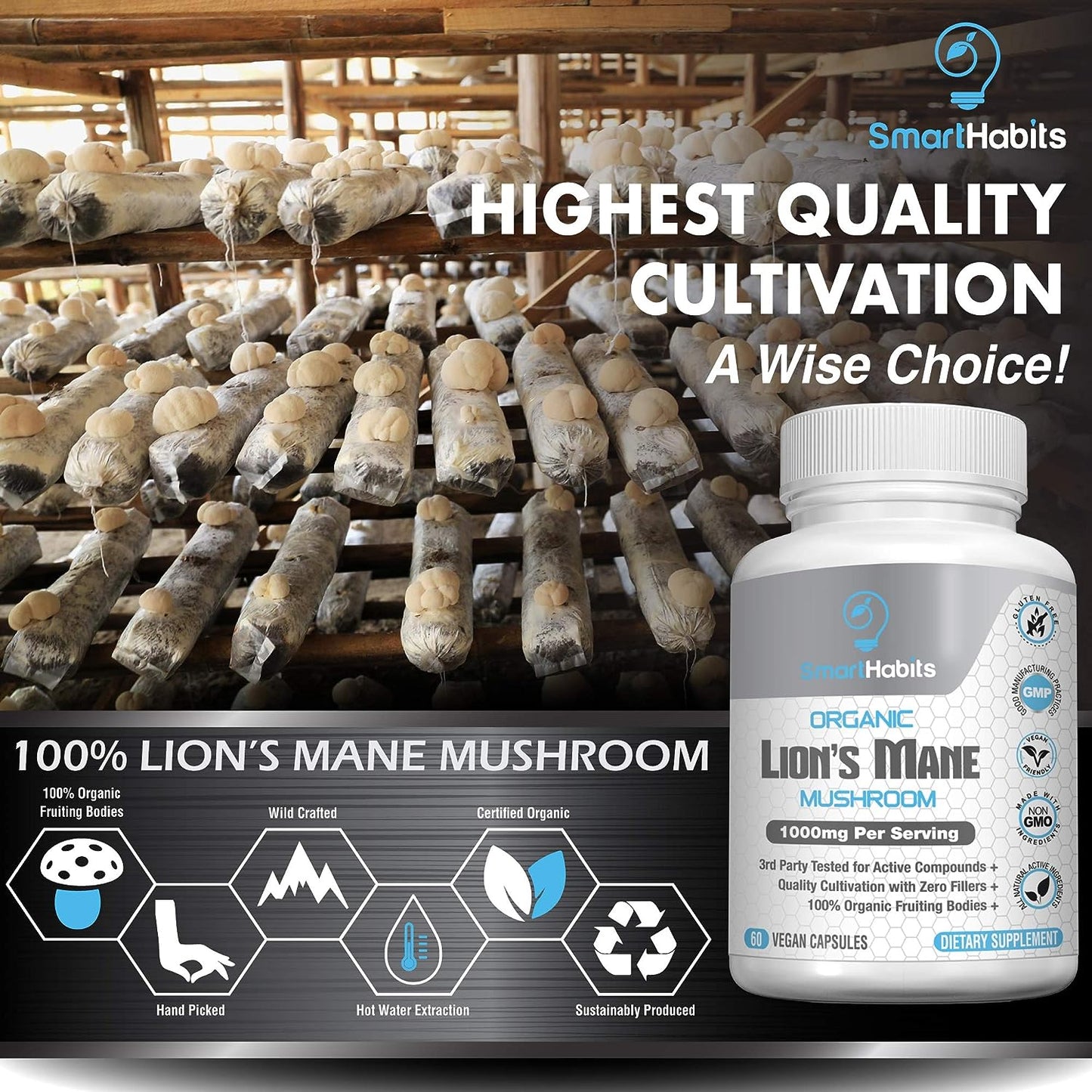 Smart Habits Organic Lion's Mane Mushroom (1000 mg) 60 vcaps