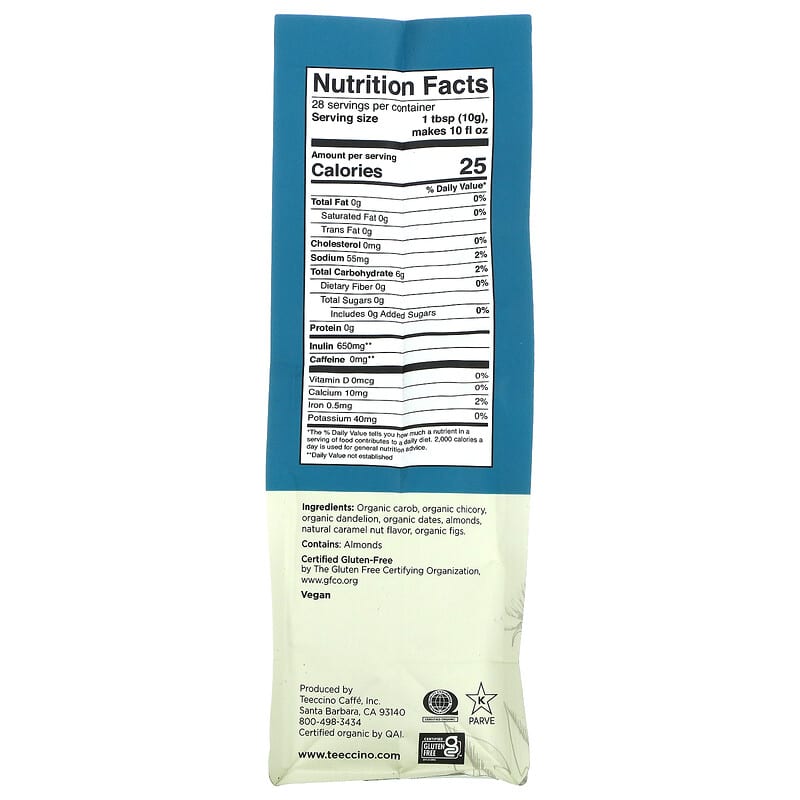 Teeccino Chicory Herbal Coffee (Gluten Free) Dandelion Caramel Nut - Medium Roast 10 oz
