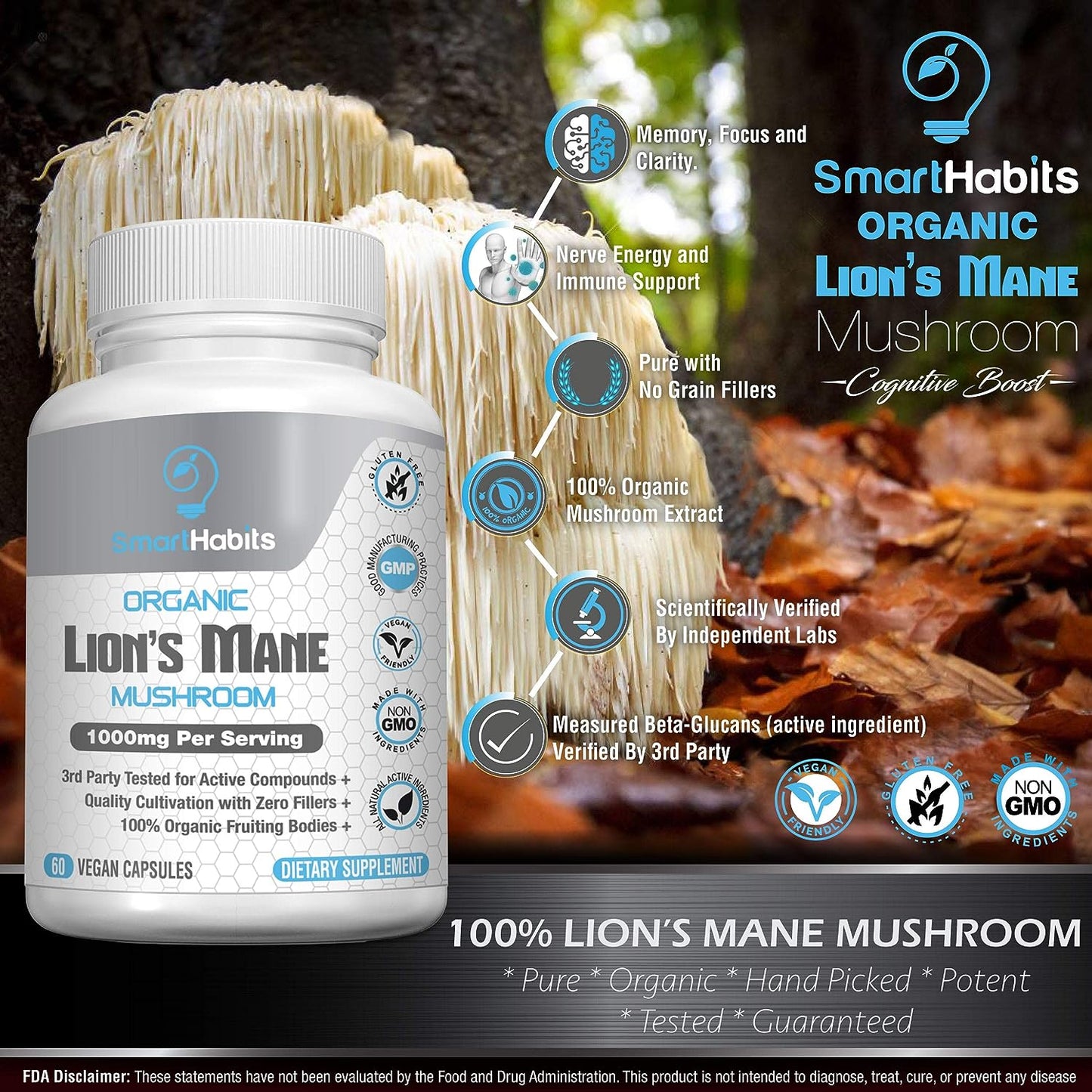 Smart Habits Organic Lion's Mane Mushroom (1000 mg) 60 vcaps